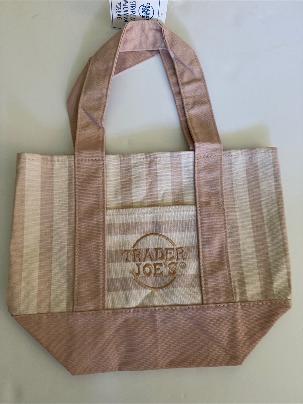 Trader Joe’s Tan/beige cream Stripe Canvas mini Tote Bag new with tags - Picture 3 of 4